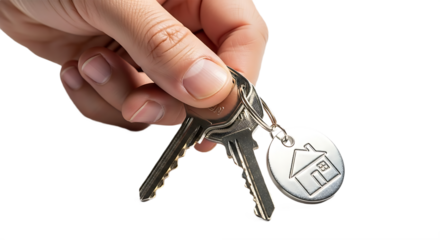 Hand Holding House Keys with a Symbolic Keychain on White Background
