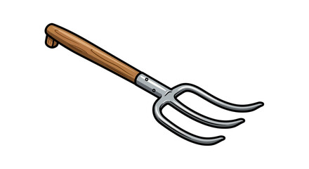 Cartoon gardening fork with wooden handle isolated on white background.