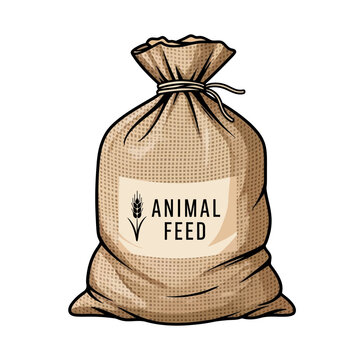 Sack of animal feed tied with rope isolated on white background.