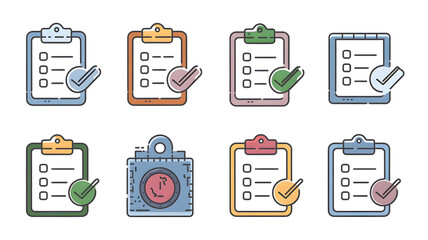 Checklist-equipped clipboards that include vector EPS10 illustrations, editable strokes, pixel-perfect, and flat line icons