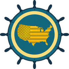 Stylized Ship Wheel with USA Silhouette in Yellow-Orange Flag Design: Nautical and Patriotic Symbol of American Direction