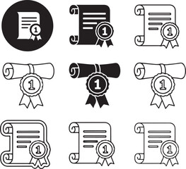 Detailed diploma and award icons set with ribbons on transparent background silhouette
