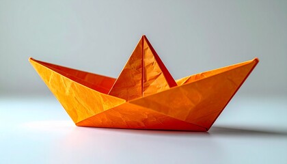 A vibrant orange origami paper boat meticulously crafted and resting serenely on a clean white surface, symbolizing simple journeys and creative expression