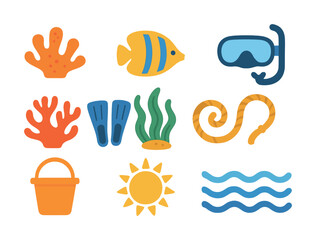 Vector Colorful beach elements: snorkel, coral, flippers, fish, sun, waves, bucket