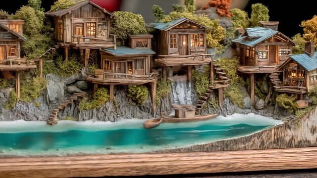 Miniature village on cliffside with cabins and waterfall display