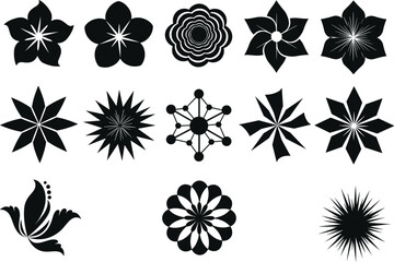 Hibiscus flower illustration set, tropical floral art, black silhouette, yellow blossom, line drawing, exotic nature design, decorative botanical artwork