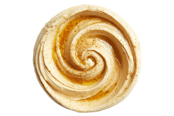Swirled creamy hummus and tahini dip with lemon and garlic with golden olive oil drizzled on top, isolated on white transparent background. Concept of healthy Mediterranean snack