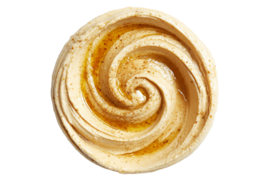 Swirled creamy hummus and tahini dip with lemon and garlic with golden olive oil drizzled on top, isolated on white transparent background. Concept of healthy Mediterranean snack - Powered by Adobe