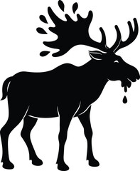 A dynamic black silhouette of a majestic moose with large antlers splashing water and dripping liquid in a striking graphic illustration silhouette on white background