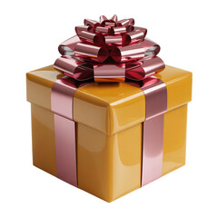 Golden Gift Box with Glossy Finish and Shiny Pink Ribbon Bow: Celebration and Festive Packaging on Clean White Background