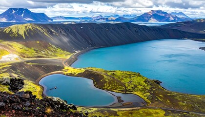 Scenic Landscape of Mountains, Lakes, and Lush Greenery Under Cloudy Sky