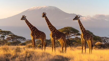 Three giraffes standing on a grassy savanna with Mount Kilimanjaro in the background under soft golden sunlight