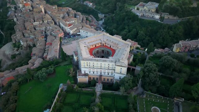 Architectural Landmarks of Italy - Palace Farnese with unique pentagonal shape. high angle Aerial view . Caprarola - etruscan city, Viterbo province