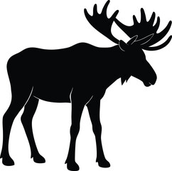 Majestic moose with large antlers standing in profile as a striking black silhouette on white background