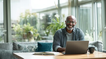 Obraz premium A happy man sitting at a table, using a laptop in a bright, modern home office. the man he is smiling while working online or looking for inspiration.