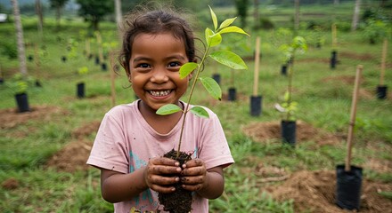 A young girl smiles widely, holding a sapling, amidst a vibrant tree-planting initiative.