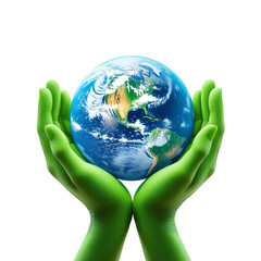 Green Hands Holding Earth: Environmental Protection and Sustainability Concept with Planet Care Symbol on White Background