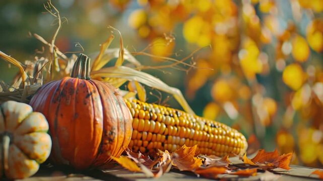 video Fresh pumpkins arranged on a rustic wooden table