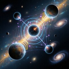 Stunning interconnected planets and galaxies creating a vibrant cosmic network, perfect for science, tech, or futuristic concepts