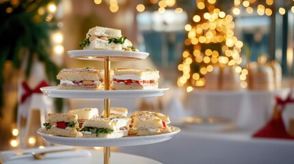 Elegant tiered stand with assorted sandwiches in festive setting, perfect for holiday gatherings and events