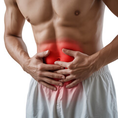 Muscular man suffering from acute abdominal pain, clutching his stomach with a pained expression, symbolizing internal distress, digestive discomfort, and health concerns requiring attention