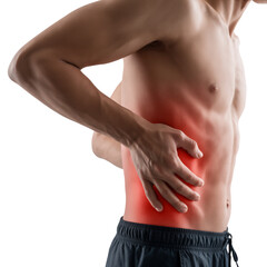 A man experiencing sharp lower back pain, clutching his side due to discomfort, highlighting a common health issue, muscle strain, or potential injury, isolated on a clean white background
