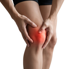 Woman suffering from severe knee pain, holding the aching joint due to injury, arthritis, or inflammation against a white background