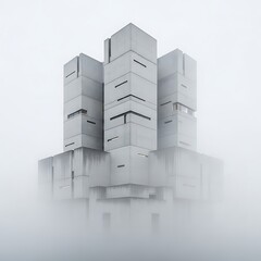 Dramatic brutalist architecture rising from fog, creating a mysterious and captivating scene, perfect for urban planning or architectural design projects