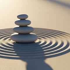 Find inner peace with this zen garden featuring a calming stone stack and raked sand, ideal for meditation practices and mindful moments today