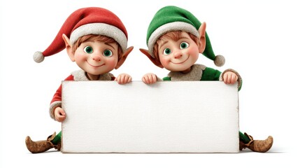 Elf Holding Sign. Two Christmas Elves with Fun and Comic Poses, Isolated on Green Background