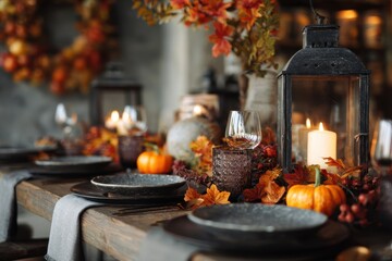 Fall Dining Room. Beautiful Autumn Decor Set for Festive Dinner in Indoor Setting