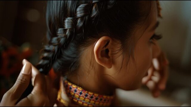 Hair styling techniques demonstrated in a close-up view showcasing intricate braiding at a local event