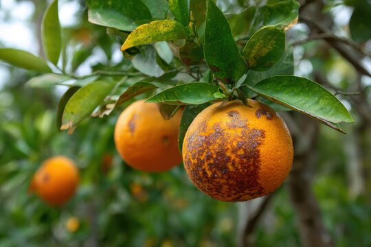 Florida Citrus Grove: Ripe Oranges on Tree Branches with Damage from Citrus Greening