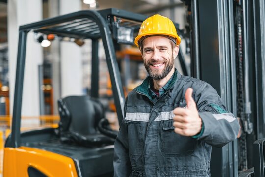Forklift Technician: Professional Engineer in Uniform Driving At Workplace - Powered by Adobe
