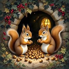 Autunno, scoiattoli che raccolgono noci e nocciole per l'inverno