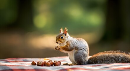 Autunno, scoiattolo che raccoglie noci e nocciole per l'inverno