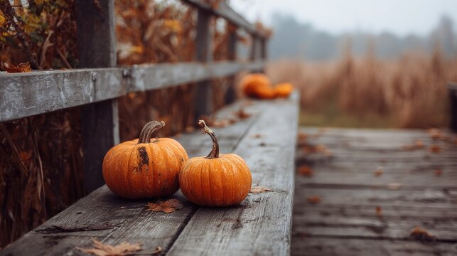 Halloween Zoom. Pumpkin and Vegetable Harvest on Old Weathered Wooden Bridge