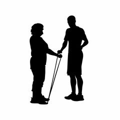 Silhouette of physical therapist with athlete using resistance bands isolated on white background