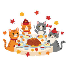 Fototapeta premium Cute cartoon cats celebrating Canadian Thanksgiving dinner with turkey and maple leaves.