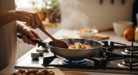 kitchen person stirring fresh vegetables in a steaming frying pan on a gas stove in a modern kitchen capturing the warmth and activity of home cooking a healthy meal