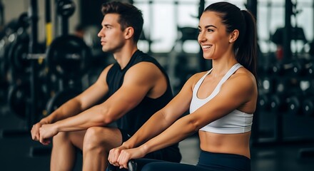 Fototapeta premium Fit couple rowing together in a modern gym during a workout session
