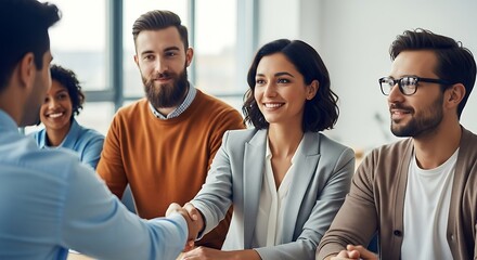 Diverse group of professionals shaking hands in a modern office setting