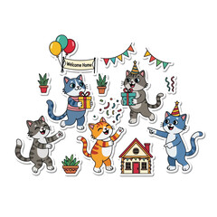 Obraz premium Cartoon cats celebrate with gifts, balloons, confetti, and a 