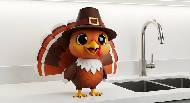 Cute cartoon turkey wearing a pilgrim hat, standing in a kitchen sink area, celebrating thanksgiving with a festive and cheerful expression - Powered by Adobe