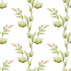 Simple spring twigs with buds watercolor wallpaper seamless pattern on white. Hand drawn floral background in pastel green and pink. Delicate garden blooming branches repeat backdrop