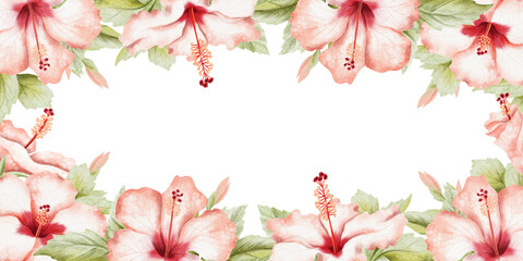 Watercolor tropical floral horizontal banner template with hibiscus flowers and leaves isolated hand drawn illustration. Realistic summer garden botanical clip art for travel and vacation designs