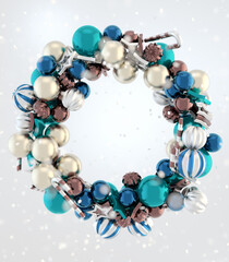 Festive 3D composition of colorful gold, teal, and silver ornaments with candy canes and stars. Perfect for New Year, Christmas cards, and holiday marketing. 3d rendering illustration not AI