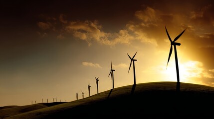 Obraz premium Wind turbines on hilltop generating clean renewable energy during sunset, sustainable power production with scenic golden sky and environmental conservation concept