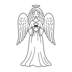 A simple outline drawing of a praying angel holding a star. Coloring page style.