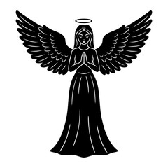 Black vector silhouette of an angel with outstretched wings and a halo, with hands folded in prayer. Christmas figure.